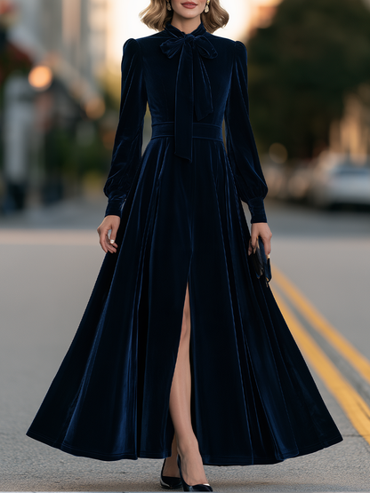 Tie-Neck Bishop Sleeve High-Slit Velvet Maxi Dress