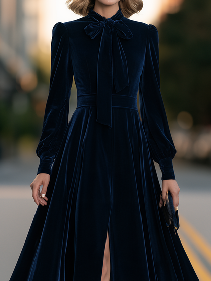 Tie-Neck Bishop Sleeve High-Slit Velvet Maxi Dress