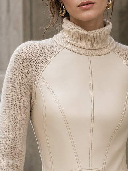 Turtleneck Leather-Panel Knit Structured Top