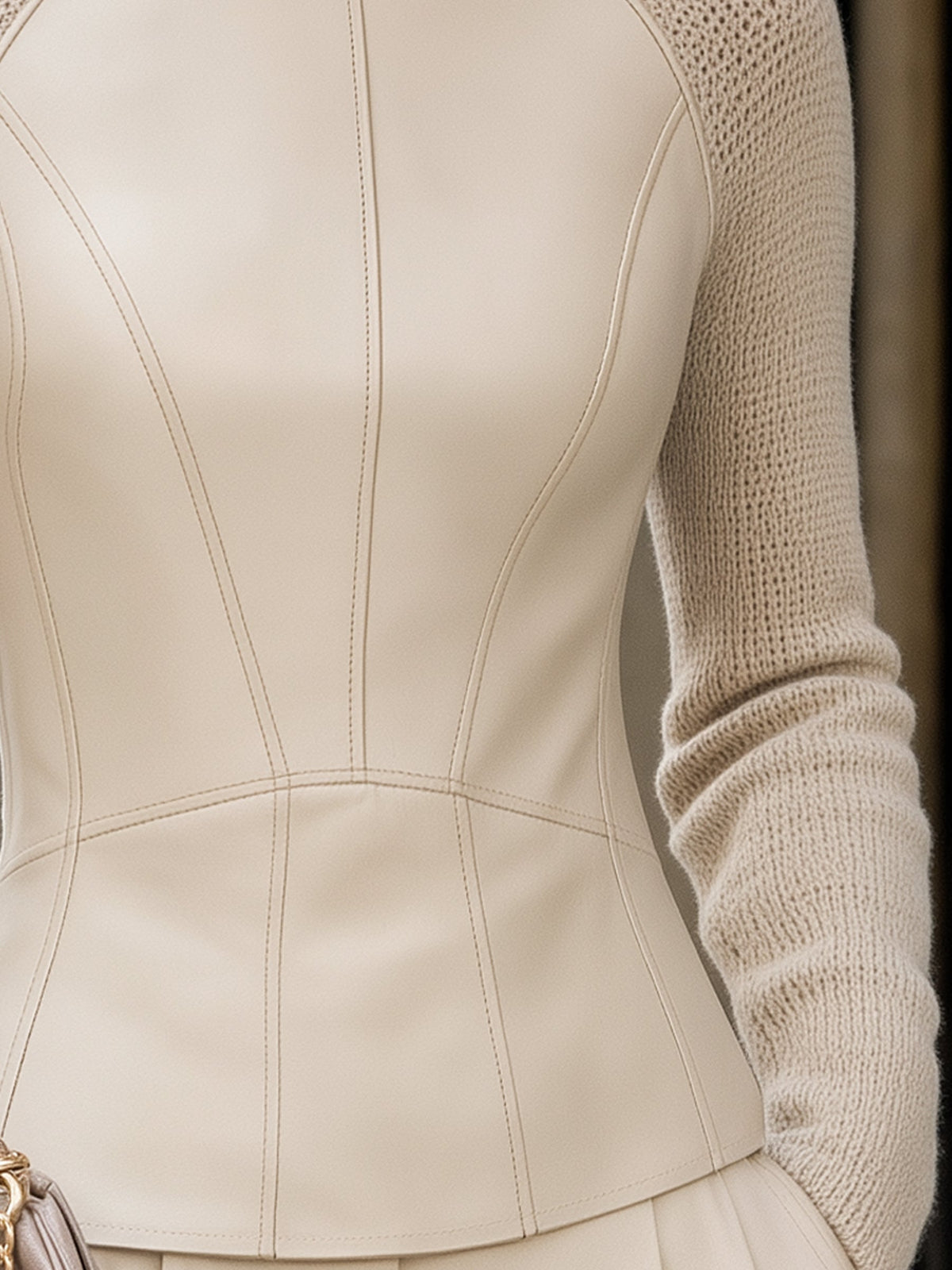 Turtleneck Leather-Panel Knit Structured Top