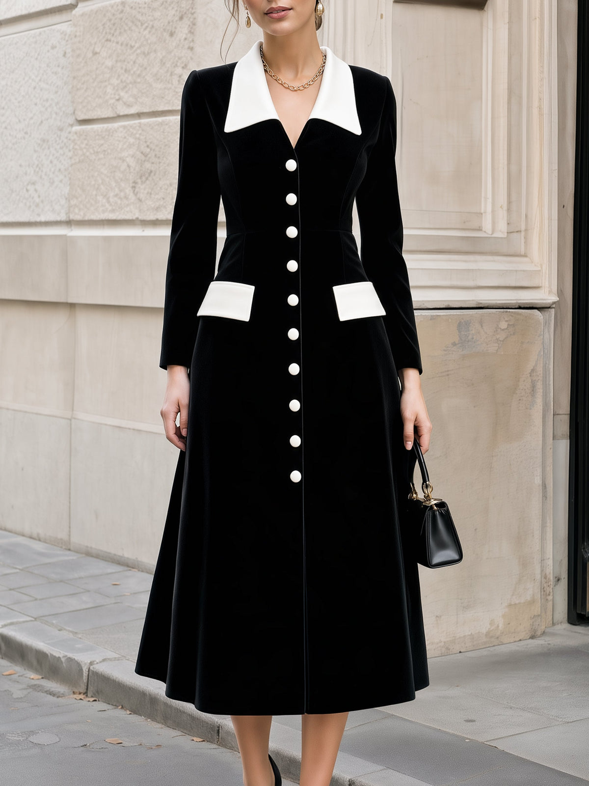 Contrast Lapel Button-Front Velvet Midi Dress