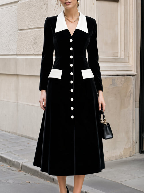 Contrast Lapel Button-Front Velvet Midi Dress