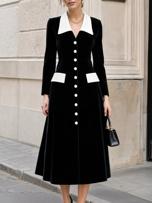 Contrast Lapel Button-Front Velvet Midi Dress