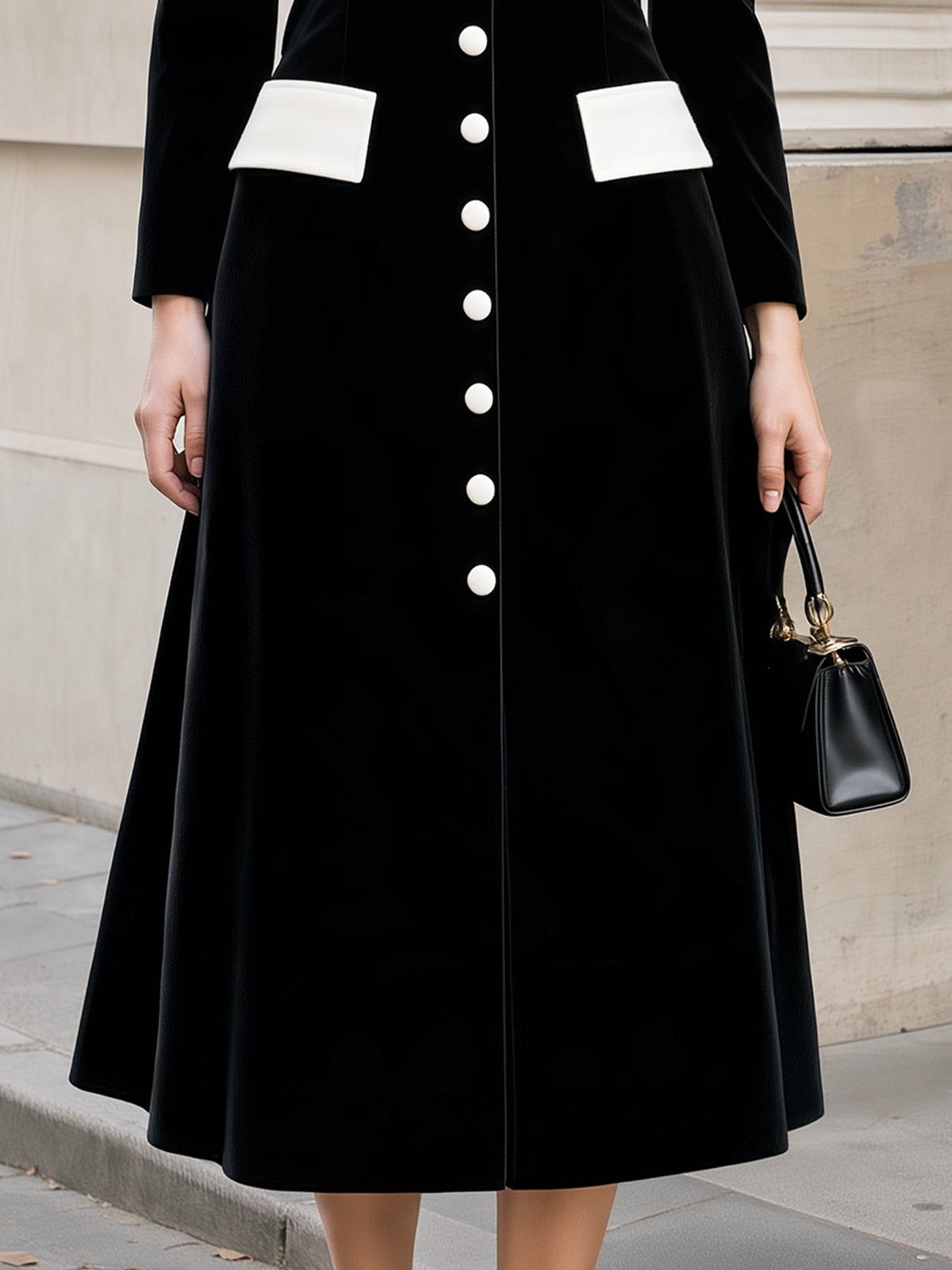 Contrast Lapel Button-Front Velvet Midi Dress