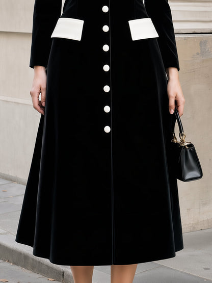 Contrast Lapel Button-Front Velvet Midi Dress