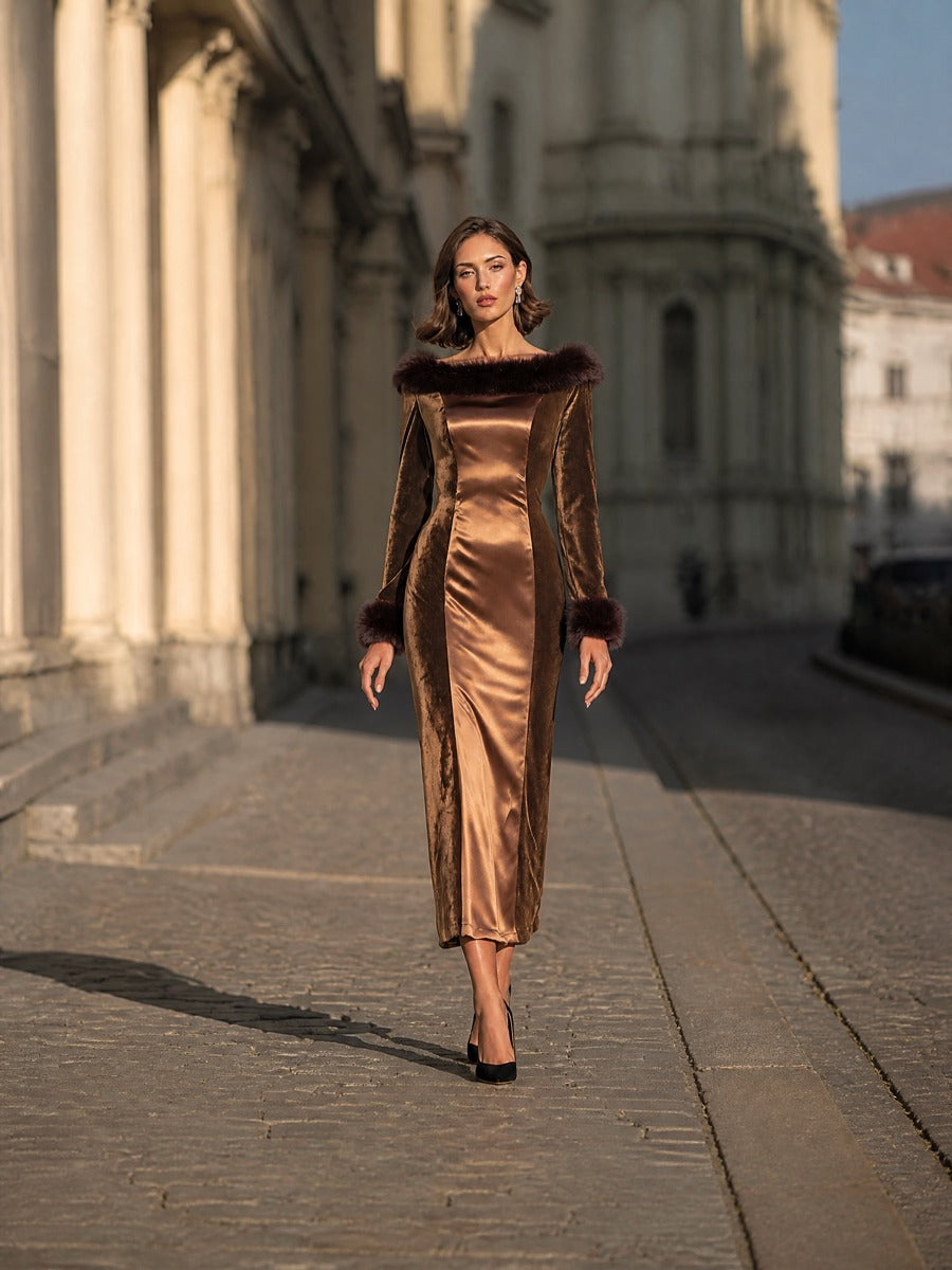 Luxe Faux-Fur Trim Velvet And Satin Midi Dress