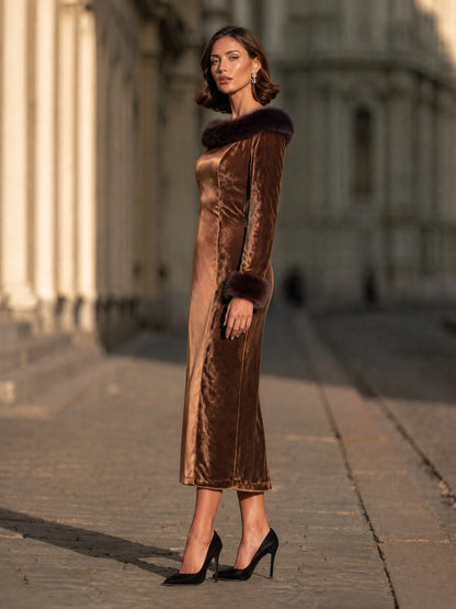 Luxe Faux-Fur Trim Velvet And Satin Midi Dress