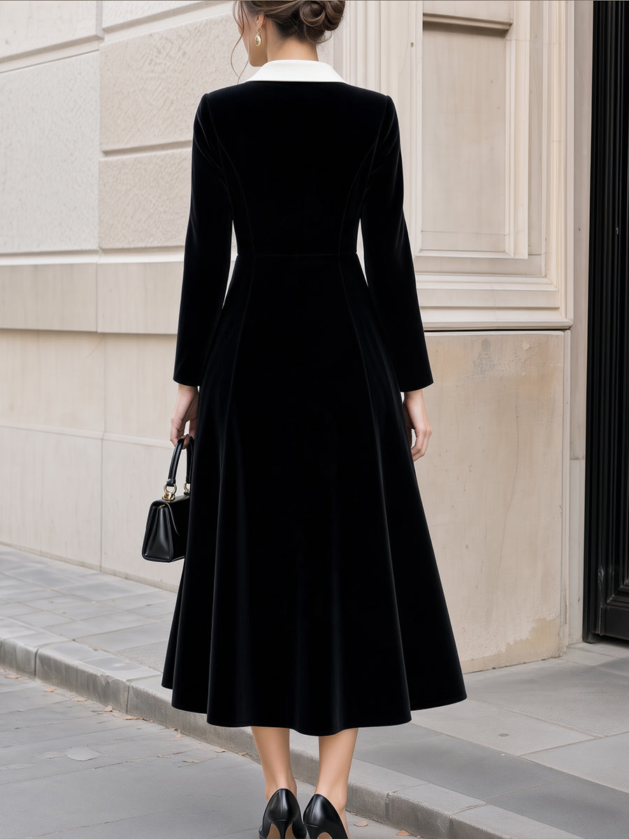 Contrast Lapel Button-Front Velvet Midi Dress