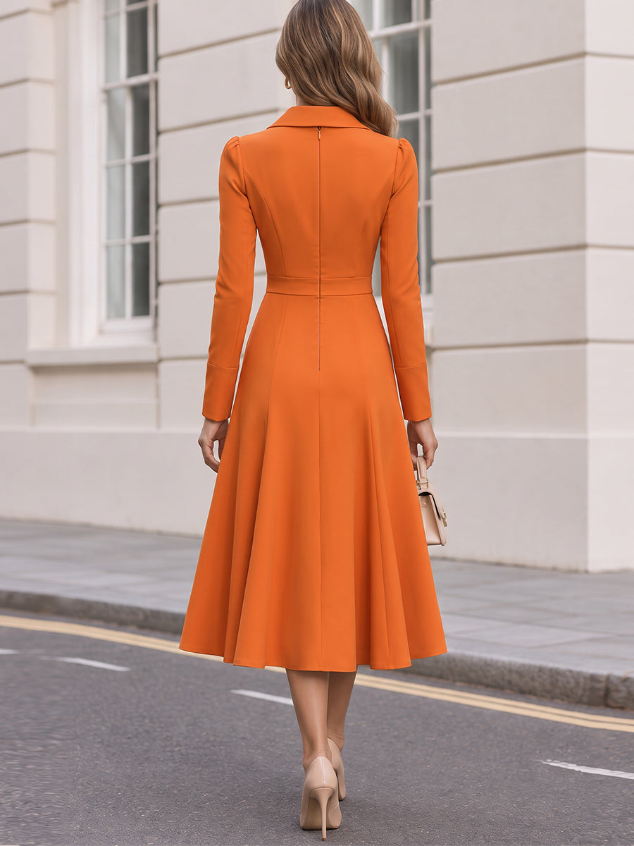 Collared Wrap Front Long Sleeve A-Line Midi Dress