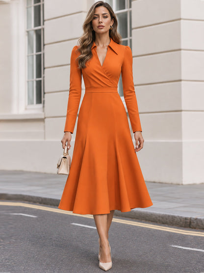 Collared Wrap Front Long Sleeve A-Line Midi Dress