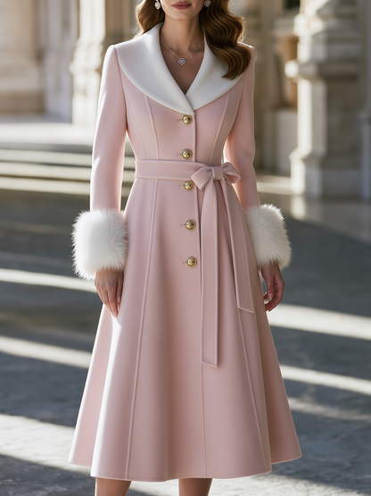 Elegant Faux Fur Collar And Cuffs Belted A-Line Long Coat