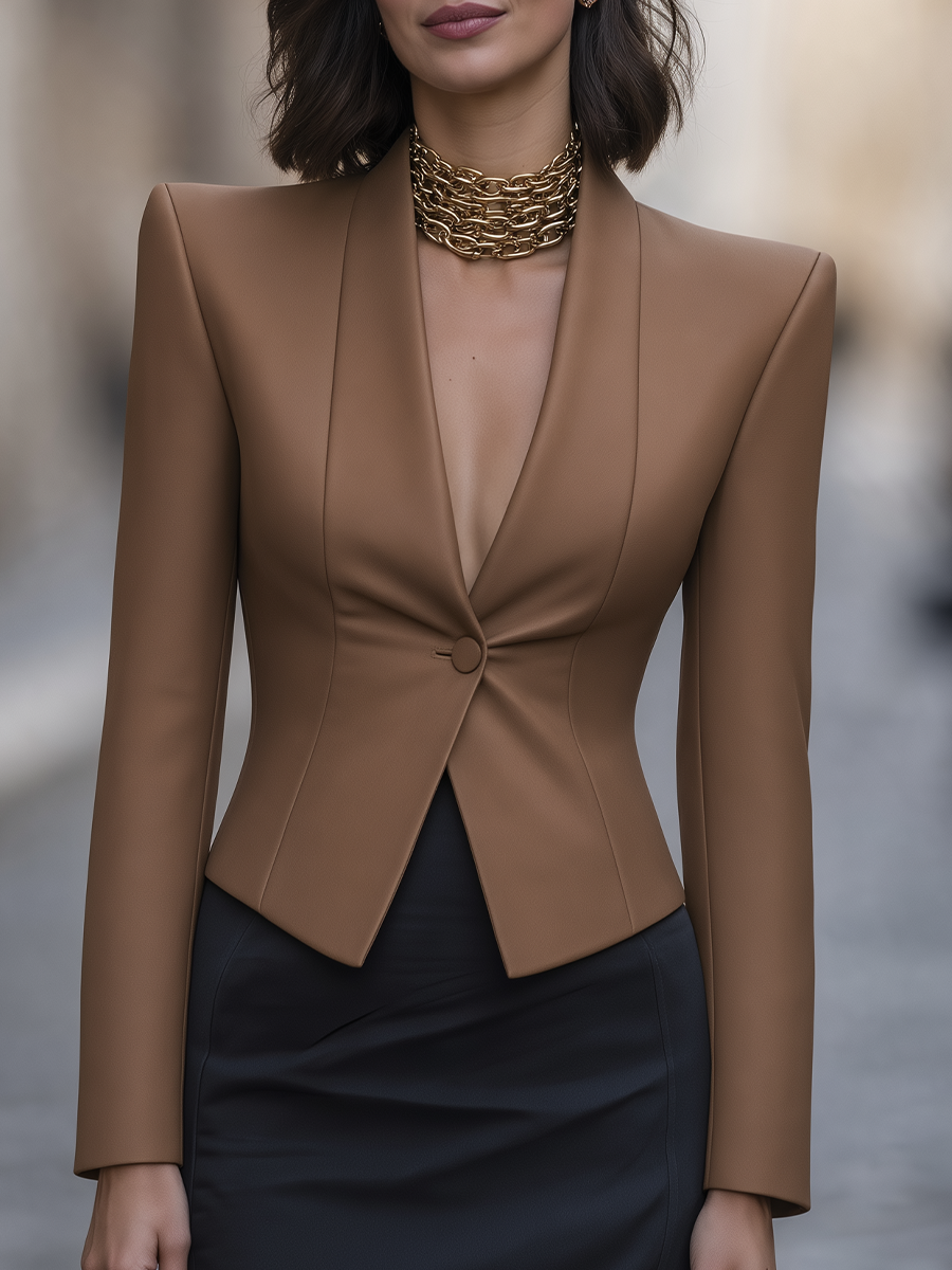 Camel Collarless Single-Button Sharp Shoulder Fitted Blazer