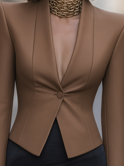 Camel Collarless Single-Button Sharp Shoulder Fitted Blazer