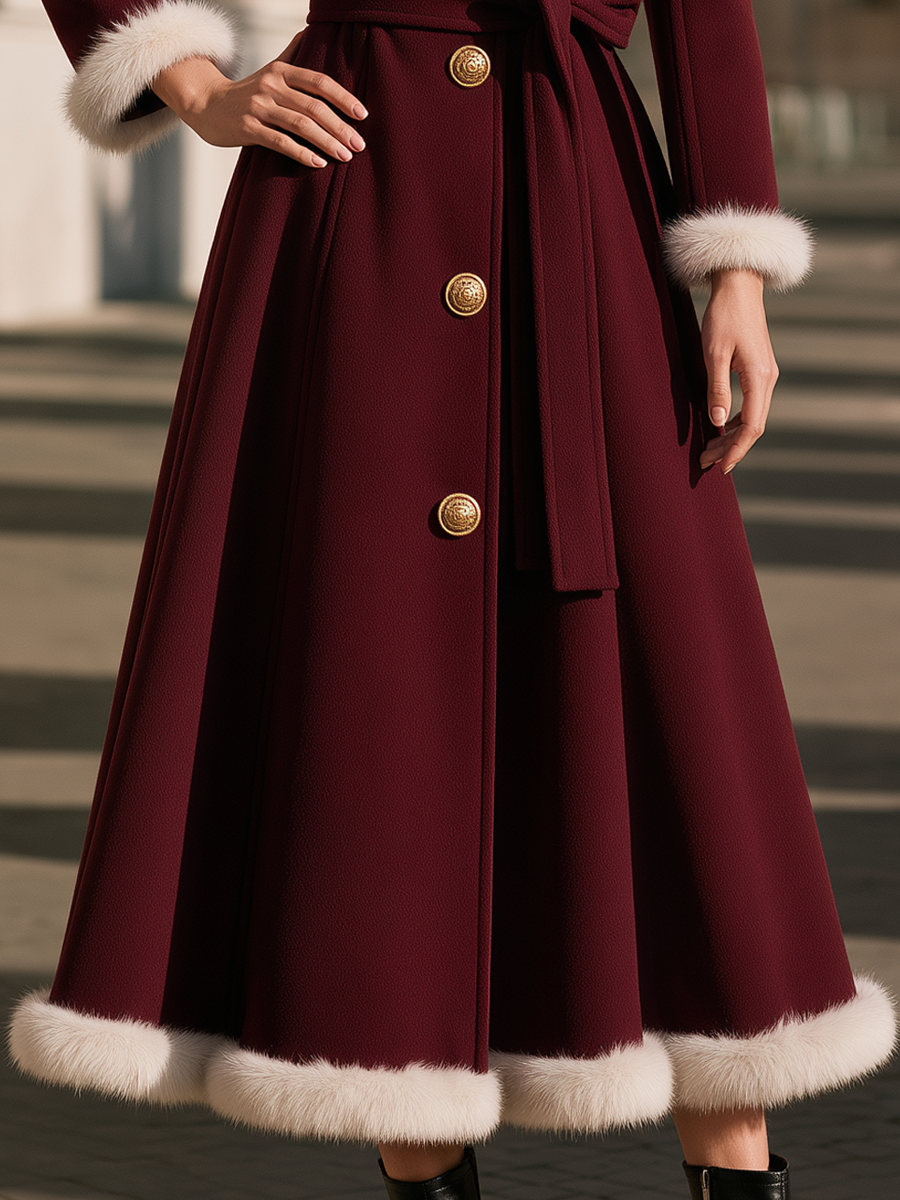 Elegant Fur Trim Gold-Button Belted Waist Long Coat