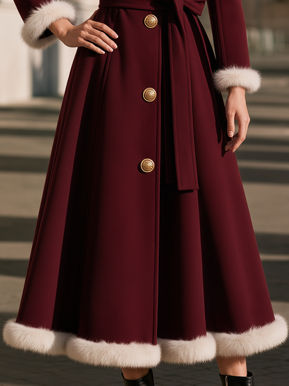 Elegant Fur Trim Gold-Button Belted Waist Long Coat