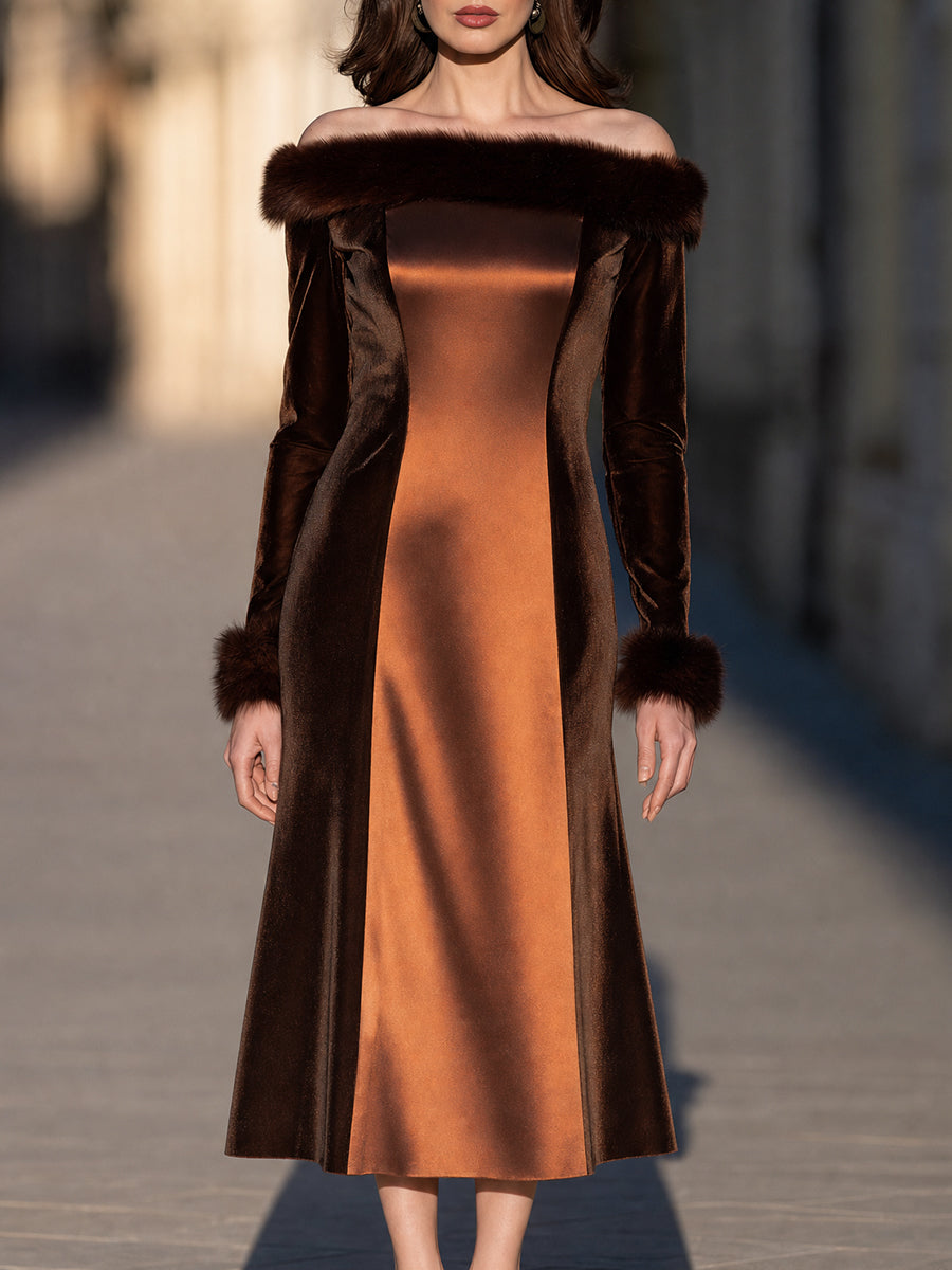 Faux-Fur Trim Velvet And Satin Midi Dress