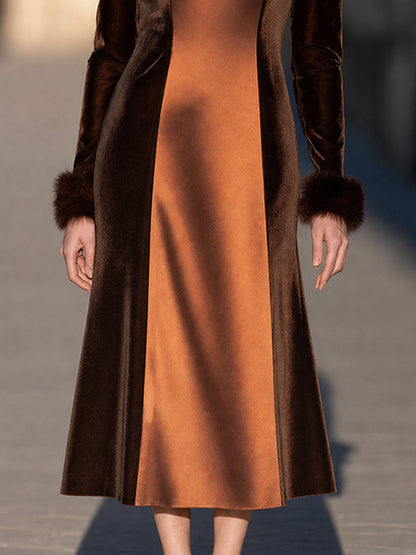 Faux-Fur Trim Velvet And Satin Midi Dress