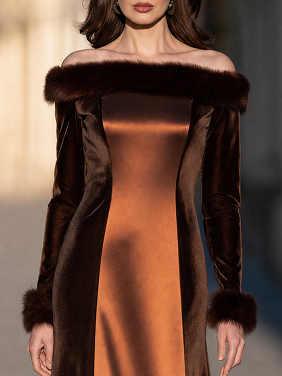 Faux-Fur Trim Velvet And Satin Midi Dress