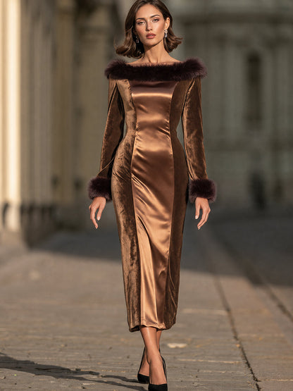 Luxe Faux-Fur Trim Velvet And Satin Midi Dress