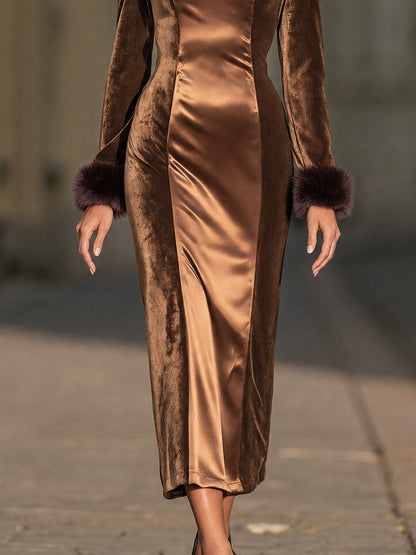 Luxe Faux-Fur Trim Velvet And Satin Midi Dress