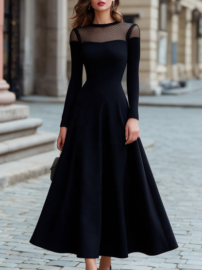 Elegant Mesh Splice Long Sleeve A-Line Maxi Dress