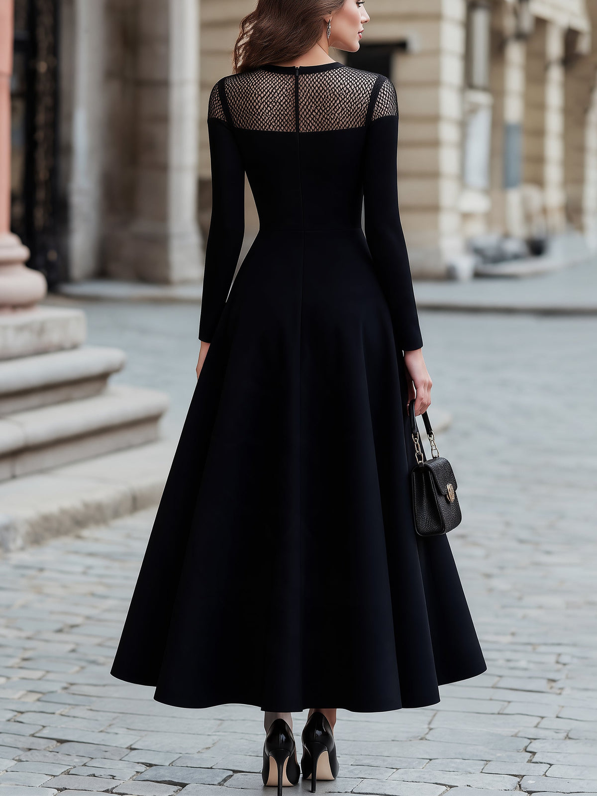 Elegant Mesh Splice Long Sleeve A-Line Maxi Dress
