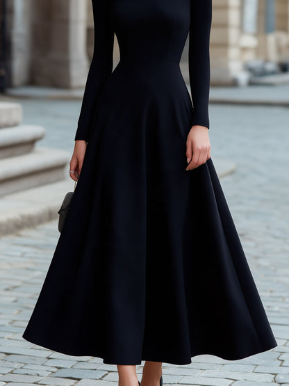 Elegant Mesh Splice Long Sleeve A-Line Maxi Dress