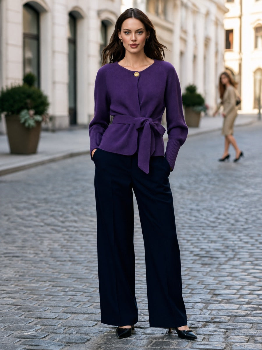 Belted Single-Button Knit Cardigan