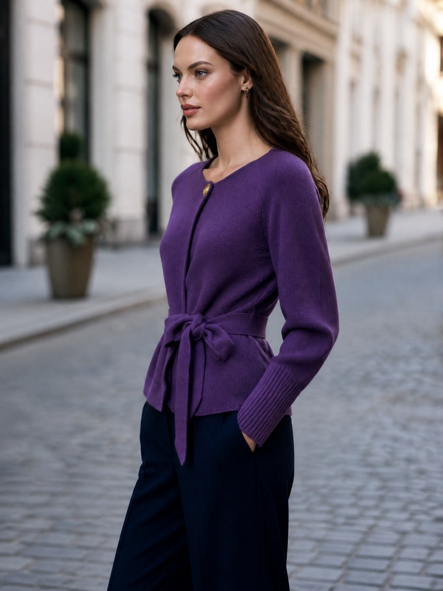 Belted Single-Button Knit Cardigan