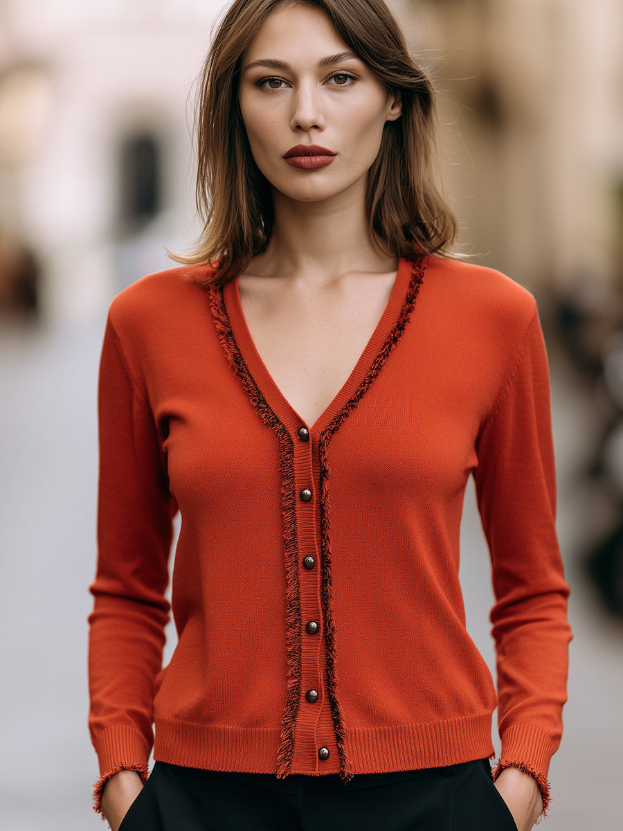 Fringed V-Neck Knit Cardigan
