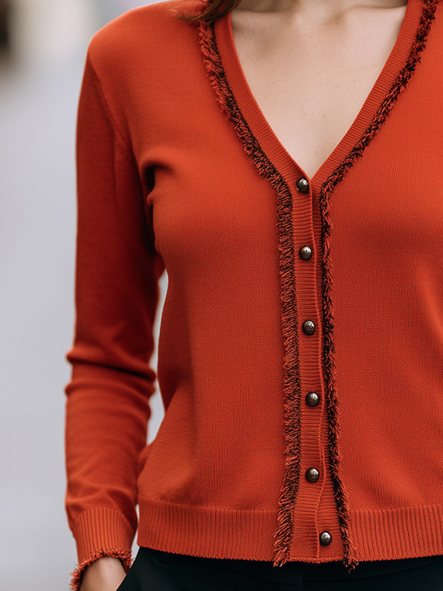 Fringed V-Neck Knit Cardigan