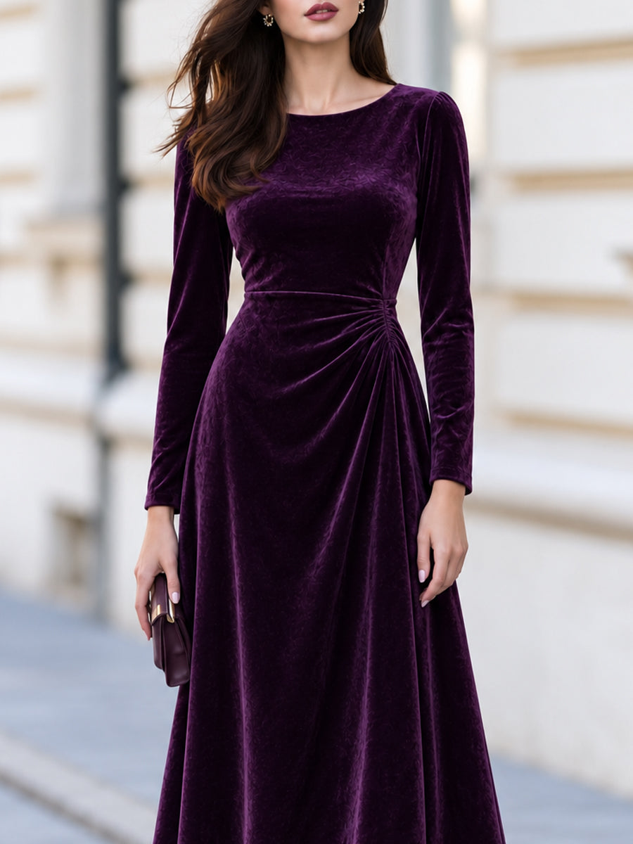 Round Neck Long Sleeve Velvet Side Ruched A-Line Midi Dress