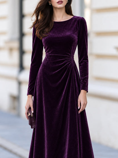 Round Neck Long Sleeve Velvet Side Ruched A-Line Midi Dress