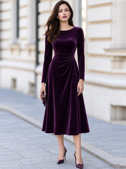 Round Neck Long Sleeve Velvet Side Ruched A-Line Midi Dress