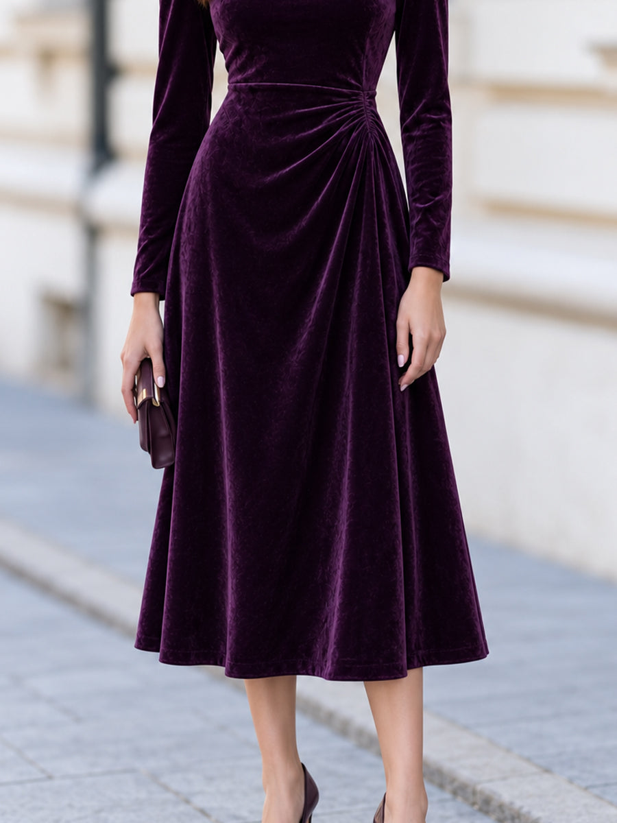 Round Neck Long Sleeve Velvet Side Ruched A-Line Midi Dress