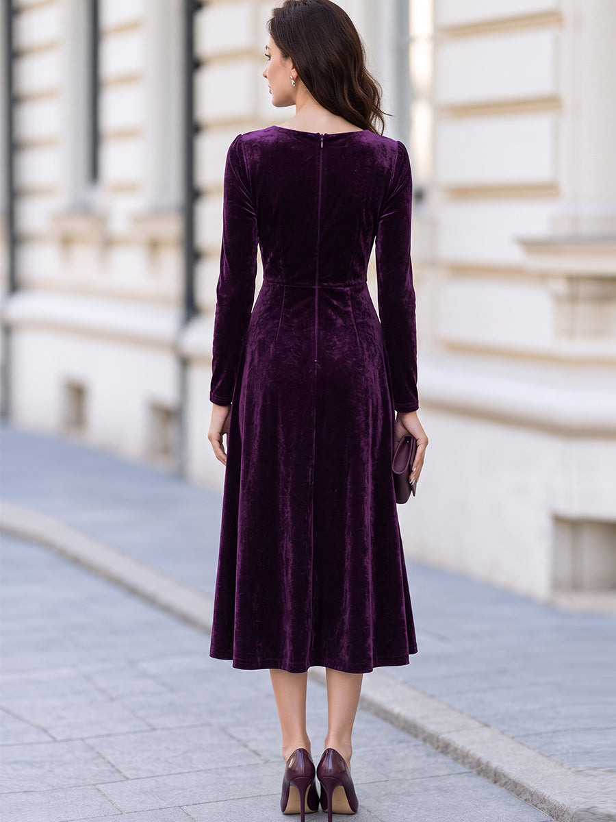 Round Neck Long Sleeve Velvet Side Ruched A-Line Midi Dress