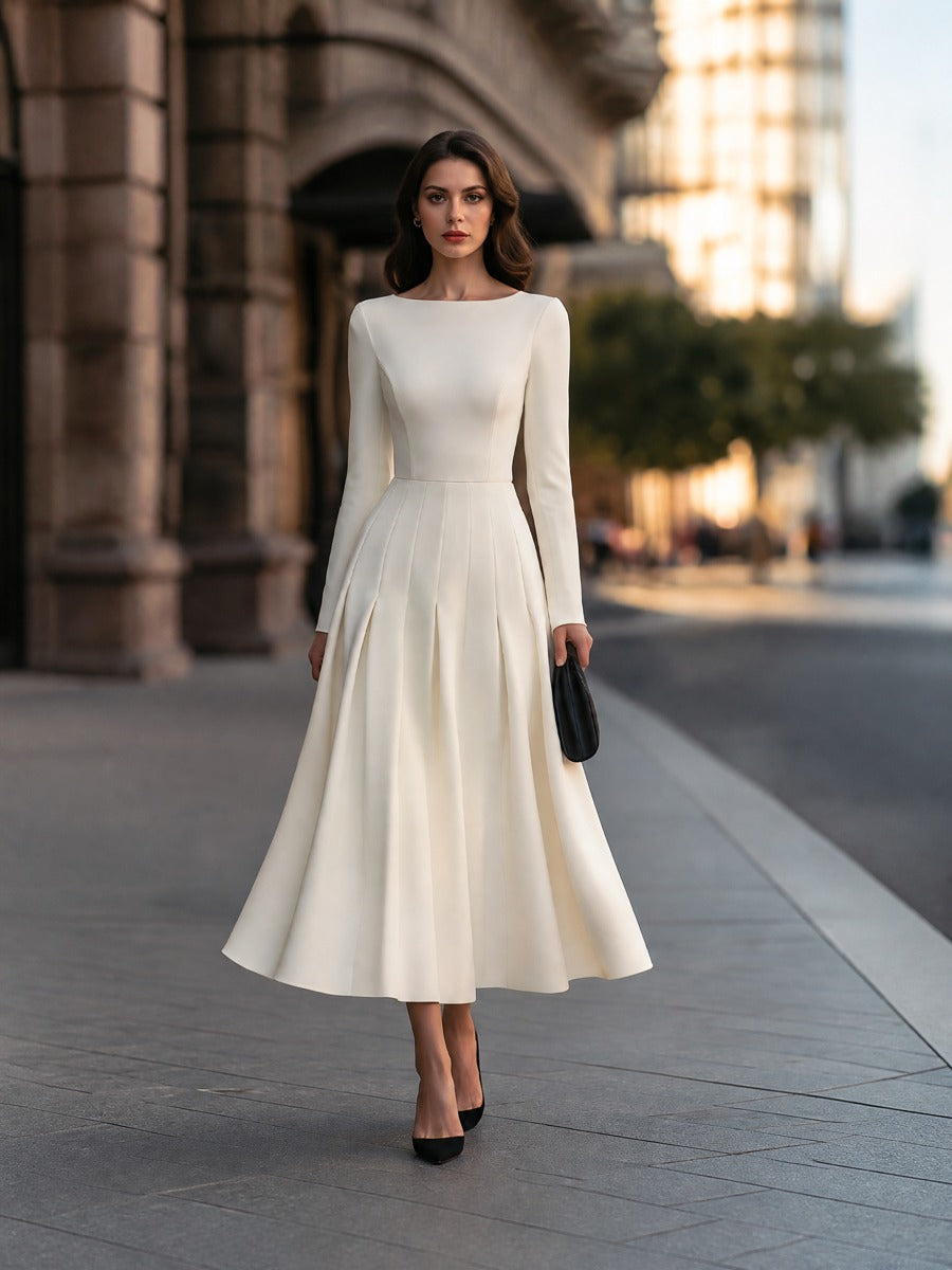 Boat Neck Long Sleeve Pleated A-Line Midi Dress