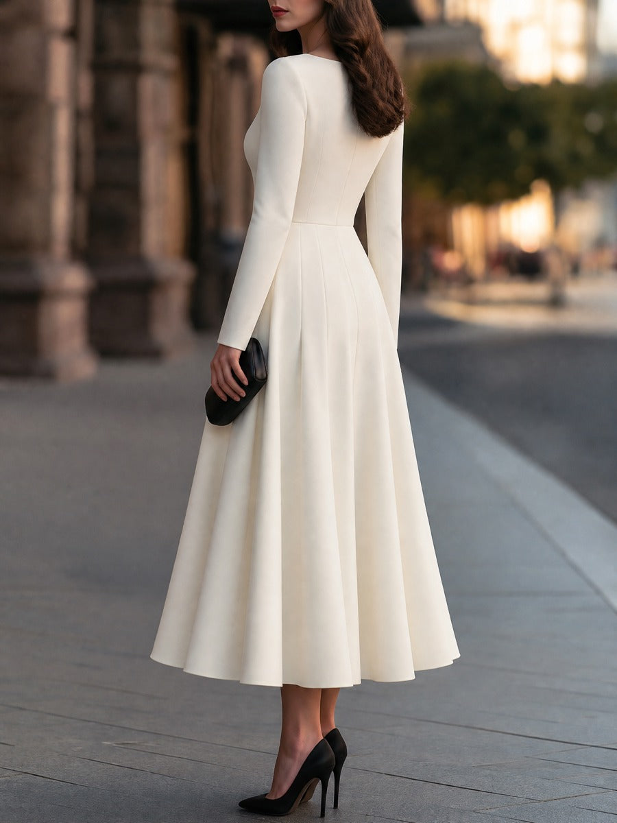 Boat Neck Long Sleeve Pleated A-Line Midi Dress