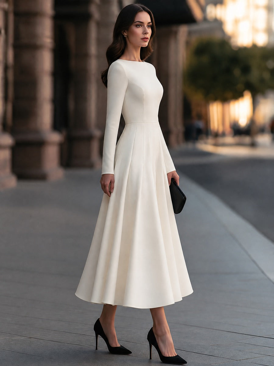 Boat Neck Long Sleeve Pleated A-Line Midi Dress
