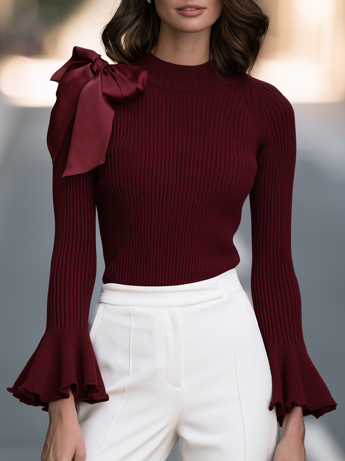 Mock-Neck Bow Shoulder Bell Cuff Ribbed Knit Sweater