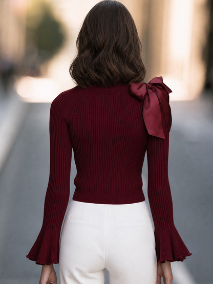 Mock-Neck Bow Shoulder Bell Cuff Ribbed Knit Sweater