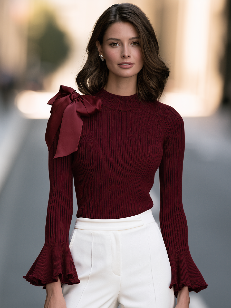 Mock-Neck Bow Shoulder Bell Cuff Ribbed Knit Sweater