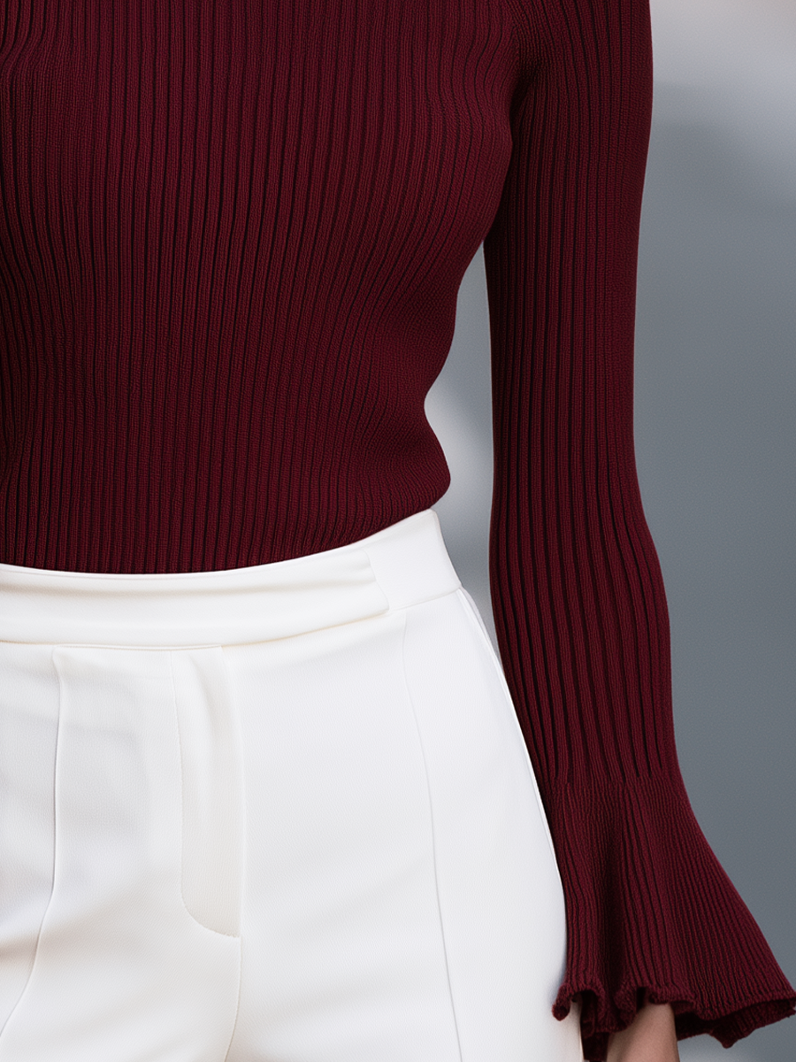 Mock-Neck Bow Shoulder Bell Cuff Ribbed Knit Sweater