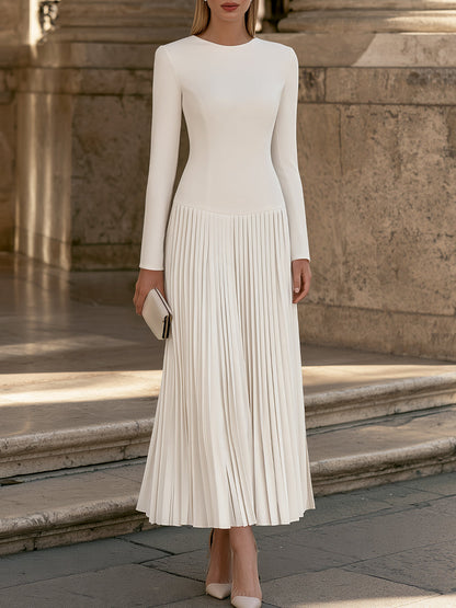 Elegant Long Sleeve Pleated Drop-Waist Maxi Dress