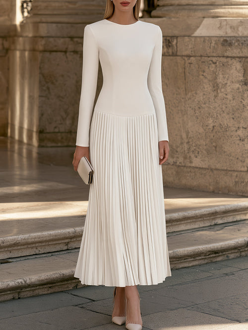Elegant Long Sleeve Pleated Drop-Waist Maxi Dress