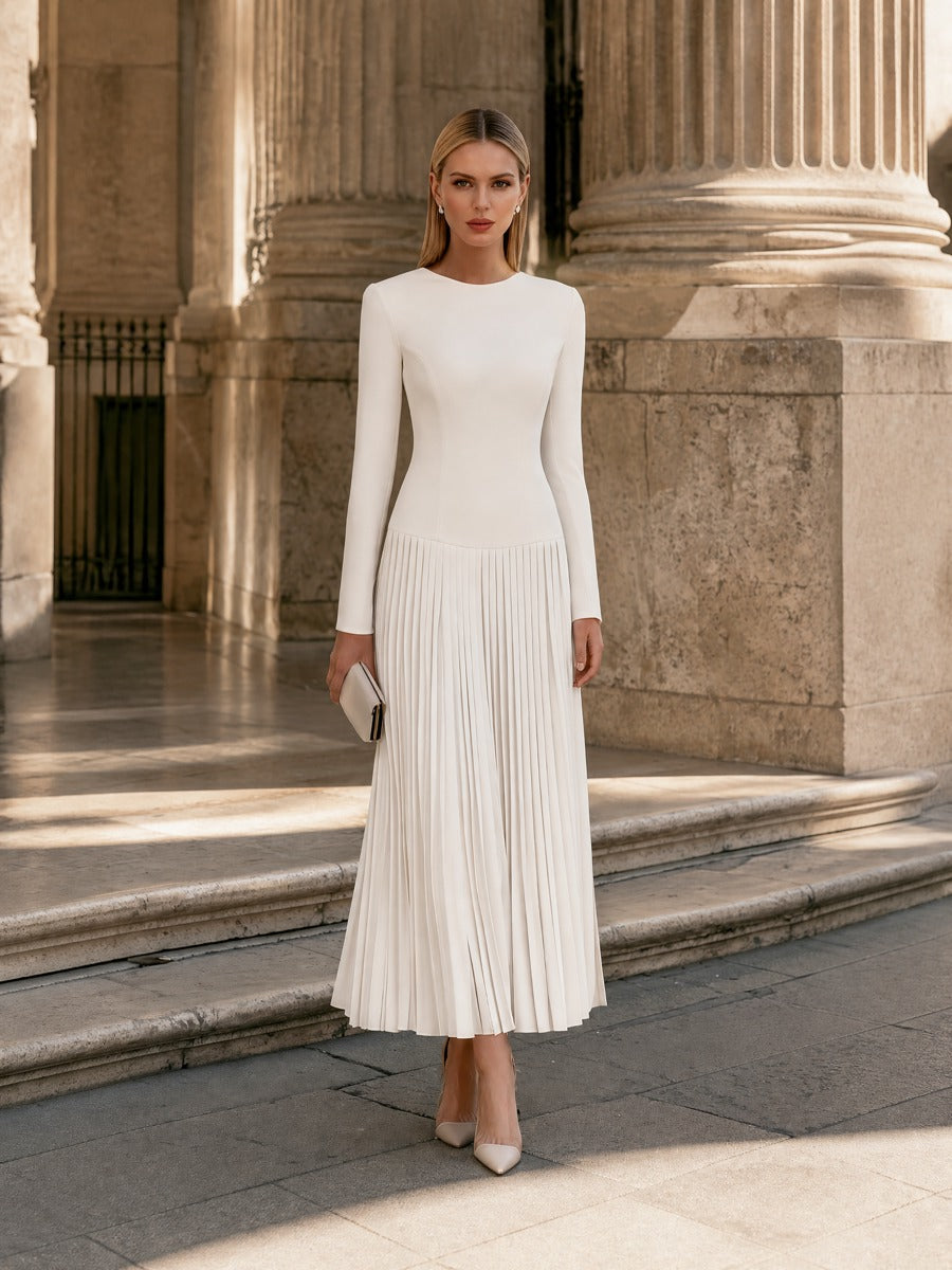 Elegant Long Sleeve Pleated Drop-Waist Maxi Dress