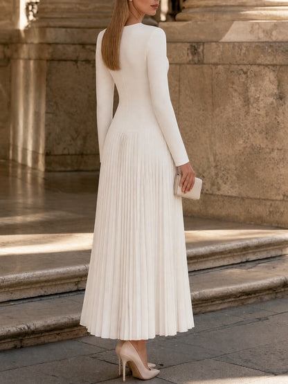 Elegant Long Sleeve Pleated Drop-Waist Maxi Dress