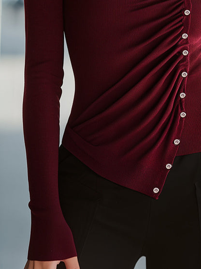 Asymmetrical Ruched Mock-Neck Decorative Buttons Sweater