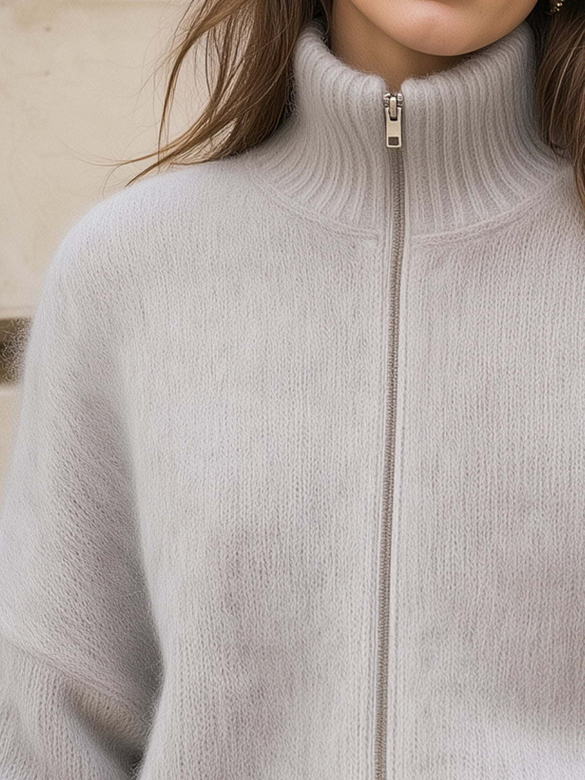 High Neck Zip-Front Knit Cardigan
