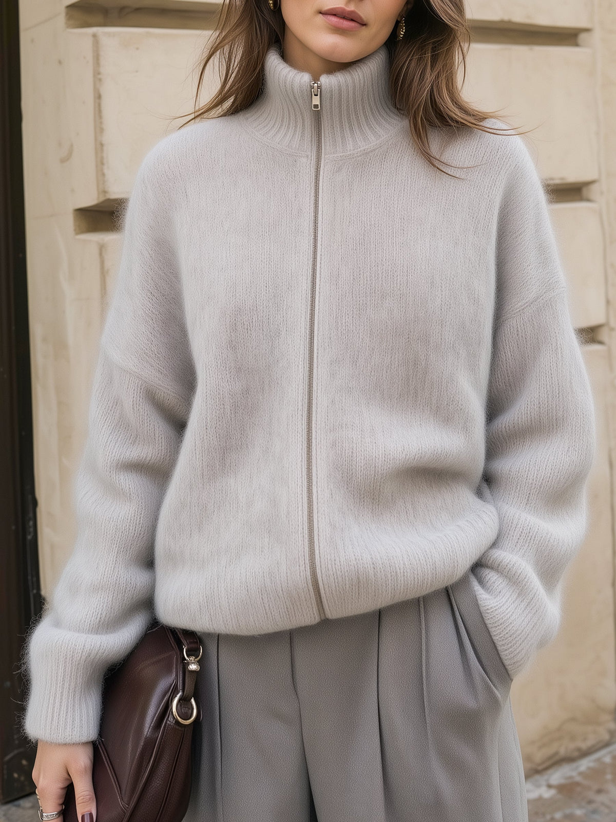 High Neck Zip-Front Knit Cardigan